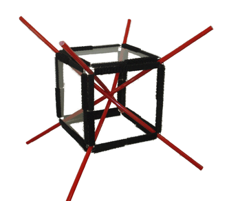 Cube with four rods inserted through corresponding opposite vertices and showing four cube's diagonals